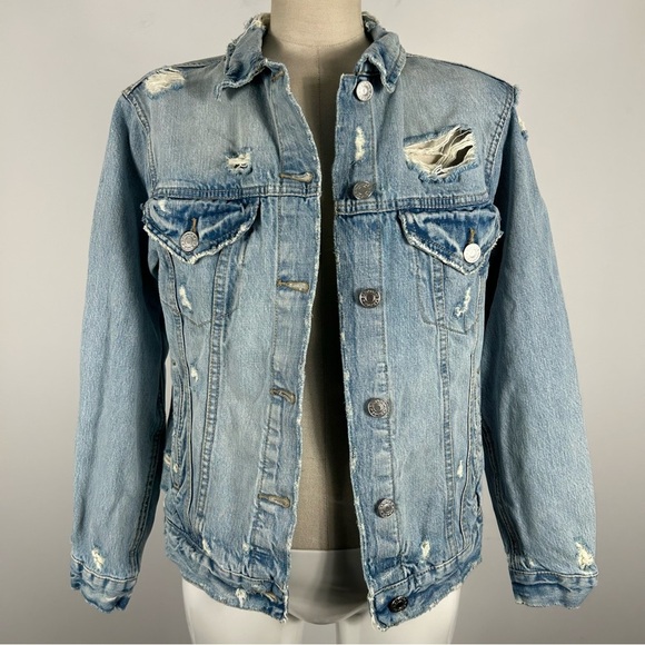 ❤️ Y2K Garage Distressed Light Blue Boyfriend Fit Denim Jacket Size S - Picture 1 of 10